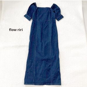 【フロウリリ】スクエアネック 五分袖 半袖 タイト ロングワンピース デニム ストレッチ インディゴ 無地 紺 ネイビー フリー