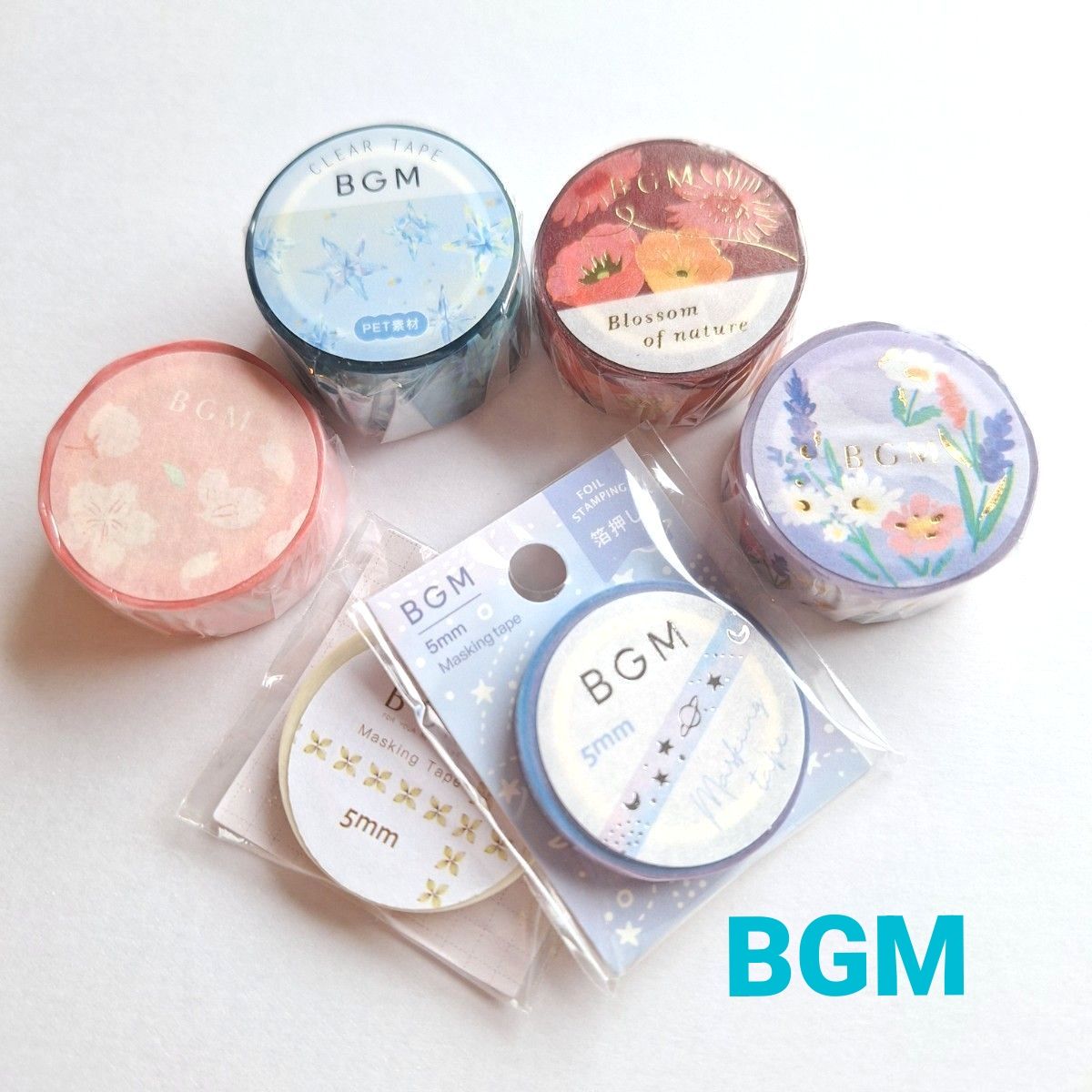 【BGM マスキングテープ 6本セット ①】新品 未使用 和紙テープ クリアテープ 箔押し アルバム 工作 手帳 おまけ付き