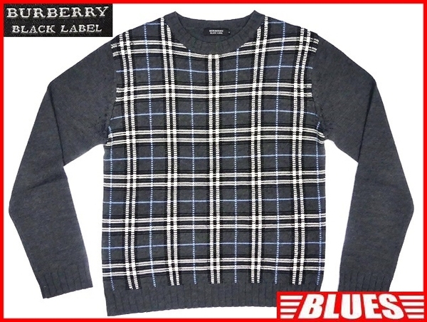 即決★BURBERRY BLACK LABEL★メンズM 廃版 ニットセーター バーバリーブラックレーベル 2 グレー ノバチェック 三陽商会正規 長袖