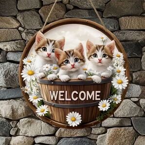 ねこ 猫 ウェルカムボード 木製リース ガーデニング 玄関プレート アンティーク 置物 かわいい 可愛い ネコ