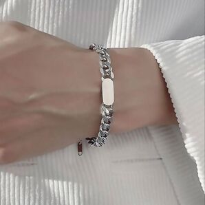 キューバリンク プレート付きチェーンブレスレット ユニセックス シルバーアクセサリー メンズ