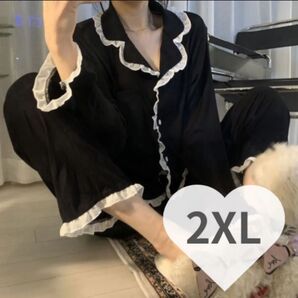 ルームウェア パジャマ 2XL 黒 フリル シンプル 部屋着 上下セット