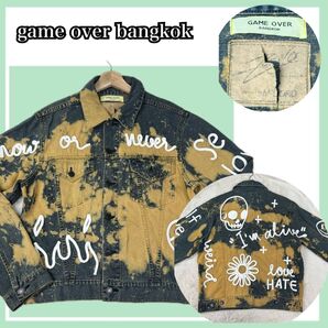 美品 希少 GAME OVER BANGKOK デニムジャケット L ブリーチ加工 ロープ刺繍 グラフィティ スカル アート