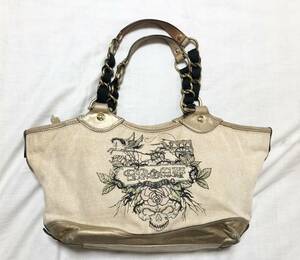 激レアデザイン！！　コーチ COACH トートバッグ 13661 タトゥーキャンバス トート キャンバス×レザー アイボリー×ゴールド バッグ