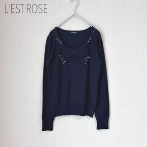 レストローズ フロントリボン ビジュー付ニット 薄手 ブラック 黒