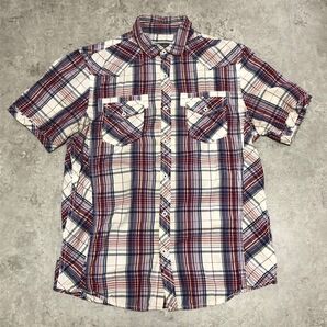 INC チェック 半袖シャツ S ポケット ボタンダウン 赤青白 カジュアル