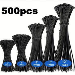 結束バンド・タイラップ500本(内訳:約300mm/約250mm/約200mm/約150mm/約100mm 各100本 ブラック