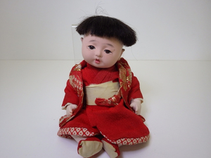 ☆当時物 市松人形 赤ちゃん 赤い着物 人毛? お座り 陶器 日本人形☆