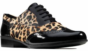  free shipping Clarks 26cm race up Leopard leather black fur Loafer Flat office formal boots ballet R104