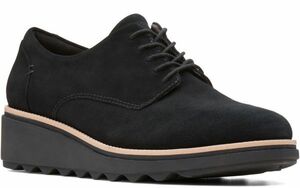 送料無料 Clarks 22cm ウエッジ レースアップ オックスフォード レザー ブラック 黒 ローファー オフィス フォーマル ブーツ R98