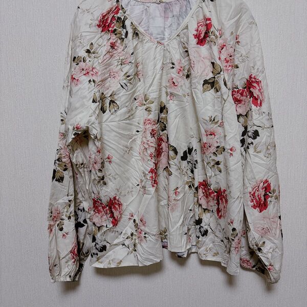 花柄ブラウス Vネック 長袖 トップス ボタニカル柄 フェミニン カジュアルトップス【XXL】
