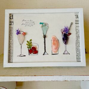 「インカローズ、アクアマリン入り」シーグラスアートハガキサイズ癒し雑貨 石の意味下記参照桜貝で癒されて〜ラッピング本革タグ入り