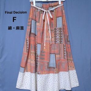 Final Decision ロングスカート パッチワーク柄 ドット柄 オレンジ系 ウエストゴム 麻綿混