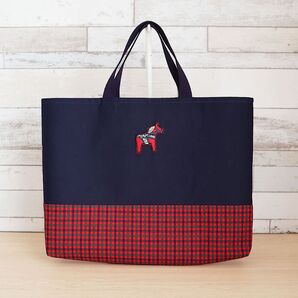 赤馬のワッペン付き ファミリア風 赤チェック マチありレッスンバック男の子女の子