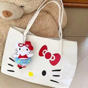 キャンバス コットン ショルダーバッグ トートバッグ ハローキティ柄ボタン付きぬいぐるみなし