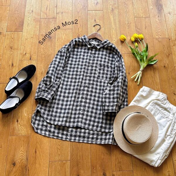 サマンサモスモス*綿麻 チェック柄 8分袖ブラウス 黒×生成り 羽織りにも◎