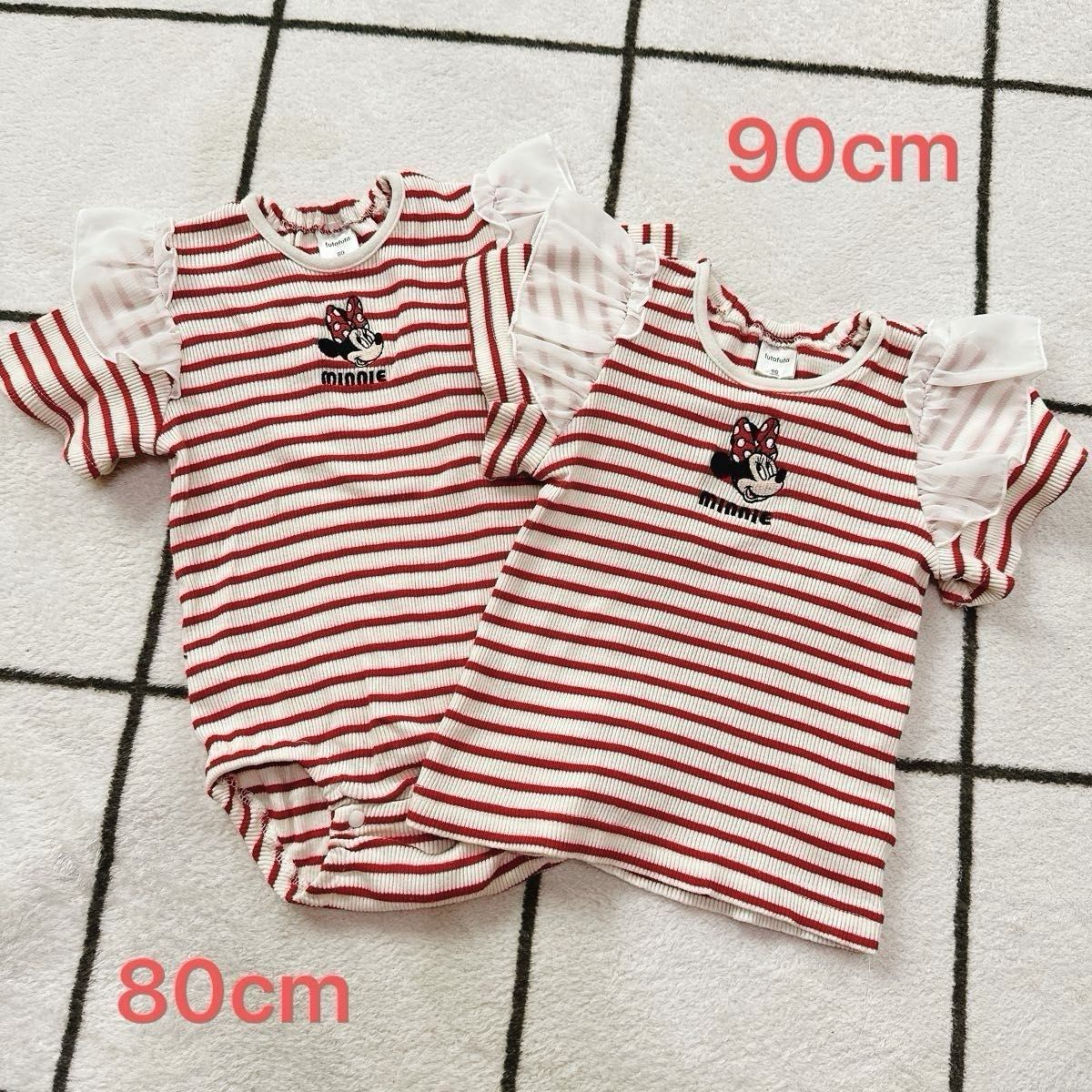 【futafuta】刺繍ミニーちゃんのボーダーロンパース80cm、Tシャツ90cm 2枚セット！年子ちゃんや姉妹、双子ちゃんに
