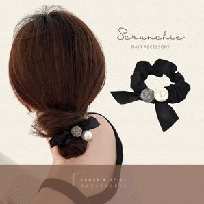 シュシュ リボン ストーン スタック パール ゴム ヘア アレンジ 黒 豪華 きれいめ アクセサリー ブラック かわいい おしゃれ