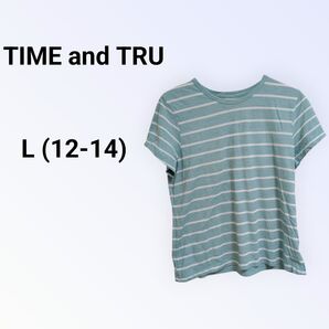 TIME and TRU 水色 ストライプ Tシャツ 【L】 レディース