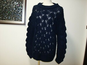 ■ 新品未使用 紺 ネイビー 厚地 かぎ編み 透かし編み 長袖 ニットセーター フリーサイズ M L 38 40 ゆったり ふんわり