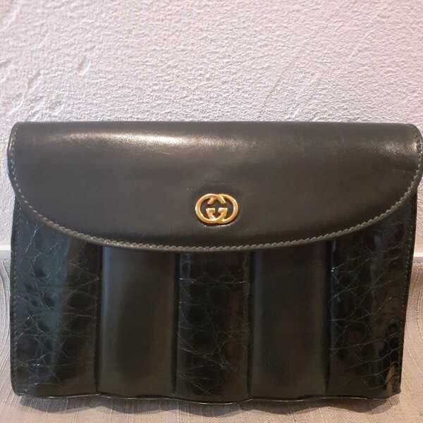 GUCCI ポシェット クラッチバッグ 一部クロコダイル 深緑 約22.5cm×15.8cm×6.2cm