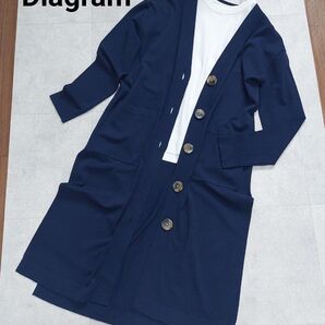 美品 Diagram ダイアグラム Vネック 薄手ロングカーディガン サイドスリット レーヨン ネイビー 36 送料込み