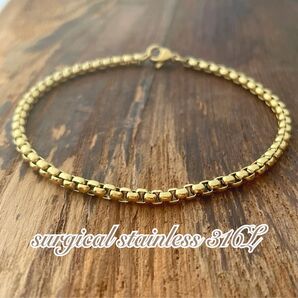 3mm ラウンドベネチアンチェーン ステンレスブレスレット ゴールド*サージカルステンレス*アンクレット*男女兼用*