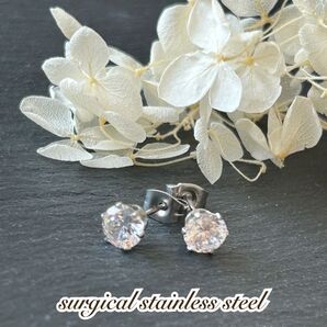 6mm ワンストーン スタッドピアス*ステンレスピアス*サージカルステンレス316L*金属アレルギー対応*czダイヤピアス*