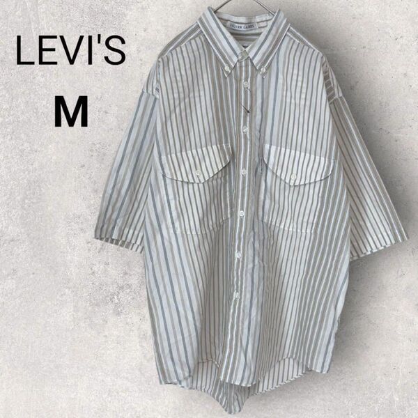 LEVI'S リーバイス メンズ 半袖 シャツ M 白 ベージュ ストライプ BD ボタンダウン 半袖シャツ 綿混 胸ポケット