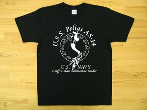 U.S.S. Pelias AS-14 黒 5.6oz 半袖Tシャツ 白 XL ミリタリー 米海軍艦艇 グリフィン級潜水母艦 ペリアス U.S. NAVY 人魚