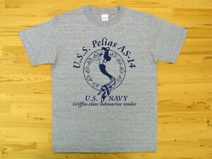 U.S.S. Pelias AS-14 杢グレー 5.6oz 半袖Tシャツ 紺 L ミリタリー 米海軍艦艇 グリフィン級潜水母艦 ペリアス U.S. NAVY 人魚