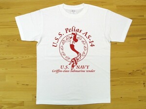 U.S.S. Pelias AS-14 白 5.6oz 半袖Tシャツ 赤 XXXL 大きいサイズ ミリタリー 米海軍艦艇 グリフィン級潜水母艦 ペリアス U.S. NAVY 人魚