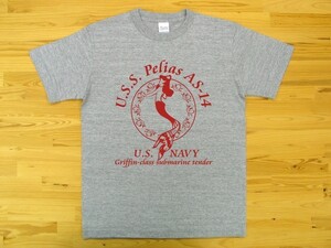 U.S.S. Pelias AS-14 杢グレー 5.6oz 半袖Tシャツ 赤 L ミリタリー 米海軍艦艇 グリフィン級潜水母艦 ペリアス U.S. NAVY 人魚