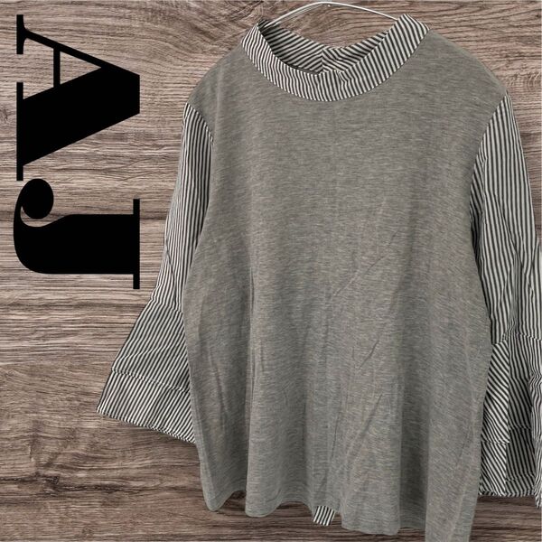 APEXJAPAN トップス カットソー Tシャツ 七分袖 レディース M 40 グレー ストライプ柄 ボーダー柄 コットン 綿