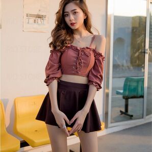 ブラウンオフショルダーセット水着