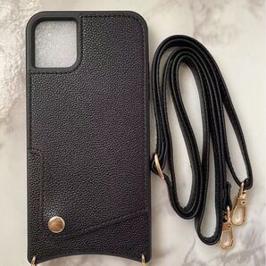iPhone11 シンプルレザーソフトケース&ストラップセット ブラック 黒