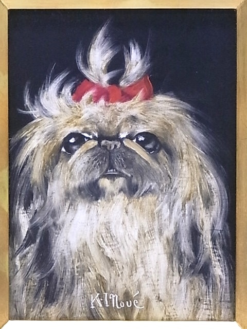 E4647 authenticité garantie peinture à l'huile peinture animale Kakuzo Inoue ruban chien cadre, peinture, peinture à l'huile, dessin d'animaux