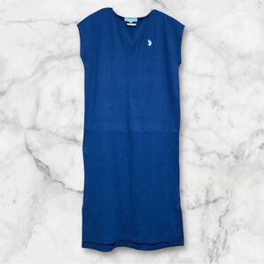 ワンピース ワッフル素材 ネイビー ワンポイント ノースリーブ