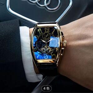 【未使用】メンズ自動機械式腕時計-高級バレル形状ケース ゴールド ブラック 自動巻き腕時計