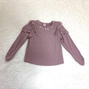 ピューピルハウス リボンつき肩フリルリブ長袖Tシャツ130くすみピンク女の子キッズナルミヤ