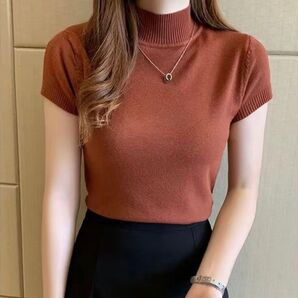 ☆半袖☆ハーフタートルネック☆薄手セーター☆着回し抜群☆レンガ