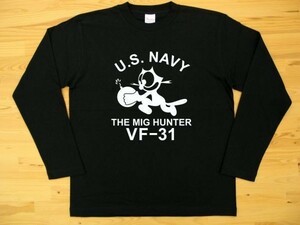 U.S. NAVY VF-31 黒 5.6oz 長袖Tシャツ 白 S ミリタリー トムキャット VFA-31 USN