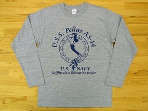 U.S.S. Pelias AS-14 杢グレー 5.6oz 長袖Tシャツ 紺 2XL 大きいサイズ ミリタリー 米海軍艦艇 グリフィン級潜水母艦ペリアスU.S. NAVY人魚