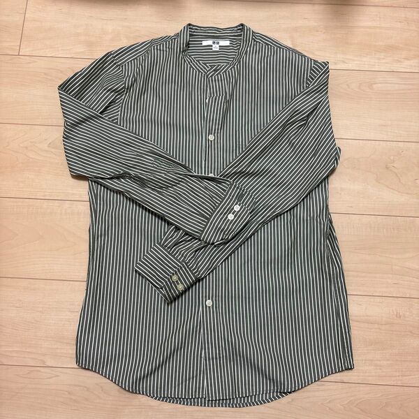 ユニクロ ストライプ ノーカラーシャツ s 長袖シャツ ストライプ 長袖 ユニクロ シャツ UNIQLO ボタンダウン