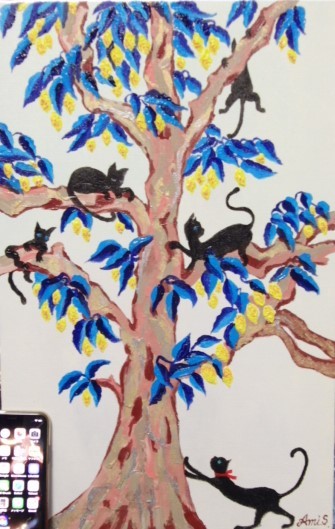 राष्ट्रीय कला संघ अमी स्वयामा, नींबू के पेड़ पर बिल्ली, तैल चित्र, एम10: 53सेमी x 33सेमी, एक-एक तरह की तेल चित्रकला, फ्रेम के साथ नई उच्च गुणवत्ता वाली तेल पेंटिंग, हस्ताक्षरित और प्रामाणिक होने की गारंटी, चित्रकारी, तैल चित्र, प्रकृति, परिदृश्य चित्रकला