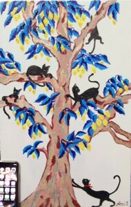 ≪国美協≫佐和山あみ、『レモンの木にネコ』、油彩画、M10号：53cm×33㎝、油絵一点物、新品高級油彩額付、直筆サイン・真作保証付