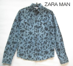 美品!!ザラ マン ZARA MAN*SLIM FIT ボタニカル柄インディゴデニムシャツ S