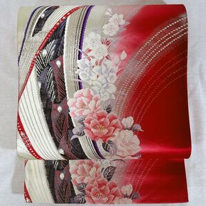 OF204 袋帯 赤 白 花柄 匿名配送 フォーマル 振袖帯 美品 豪華