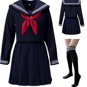 コスプレ セーラー服 定番 ネイビー 女子高校生制服 蝶結び 長袖 綿 歓送迎会 学園祭 イベント 長いソックス付き 大きいサイズ
