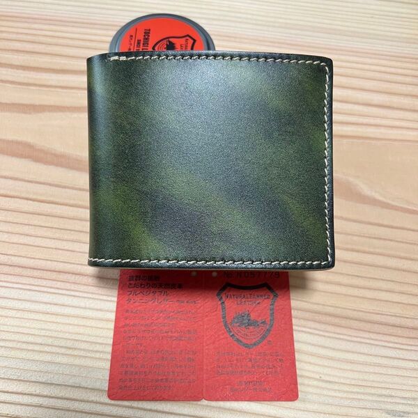 新品未使用 緑 グリーン 栃木レザー フルレザー 二つ折り財布/本革 ブライドルレザー 牛革 コンパクト ミニ財布